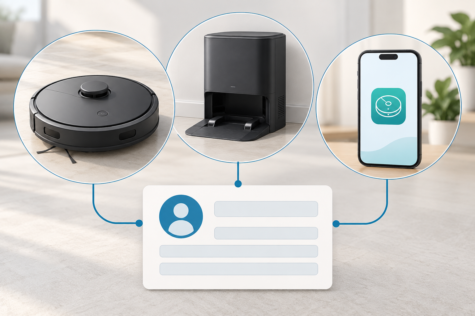 A generic robot, a separate dock, and an app are shown as distinct identity sources linked to a blank support record.