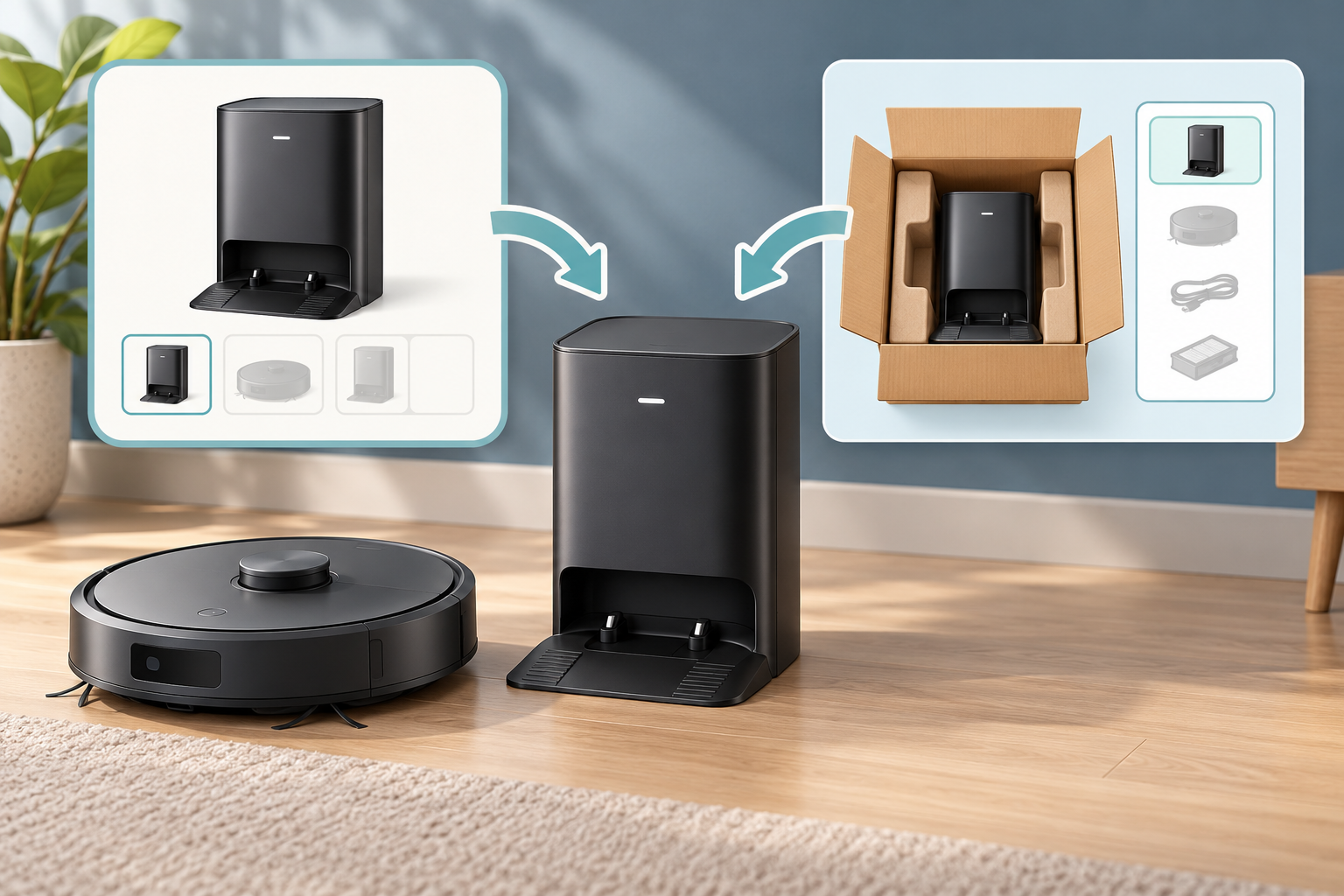 A generic robot and dock in a product listing, with a separate box-contents panel that also depicts the dock.