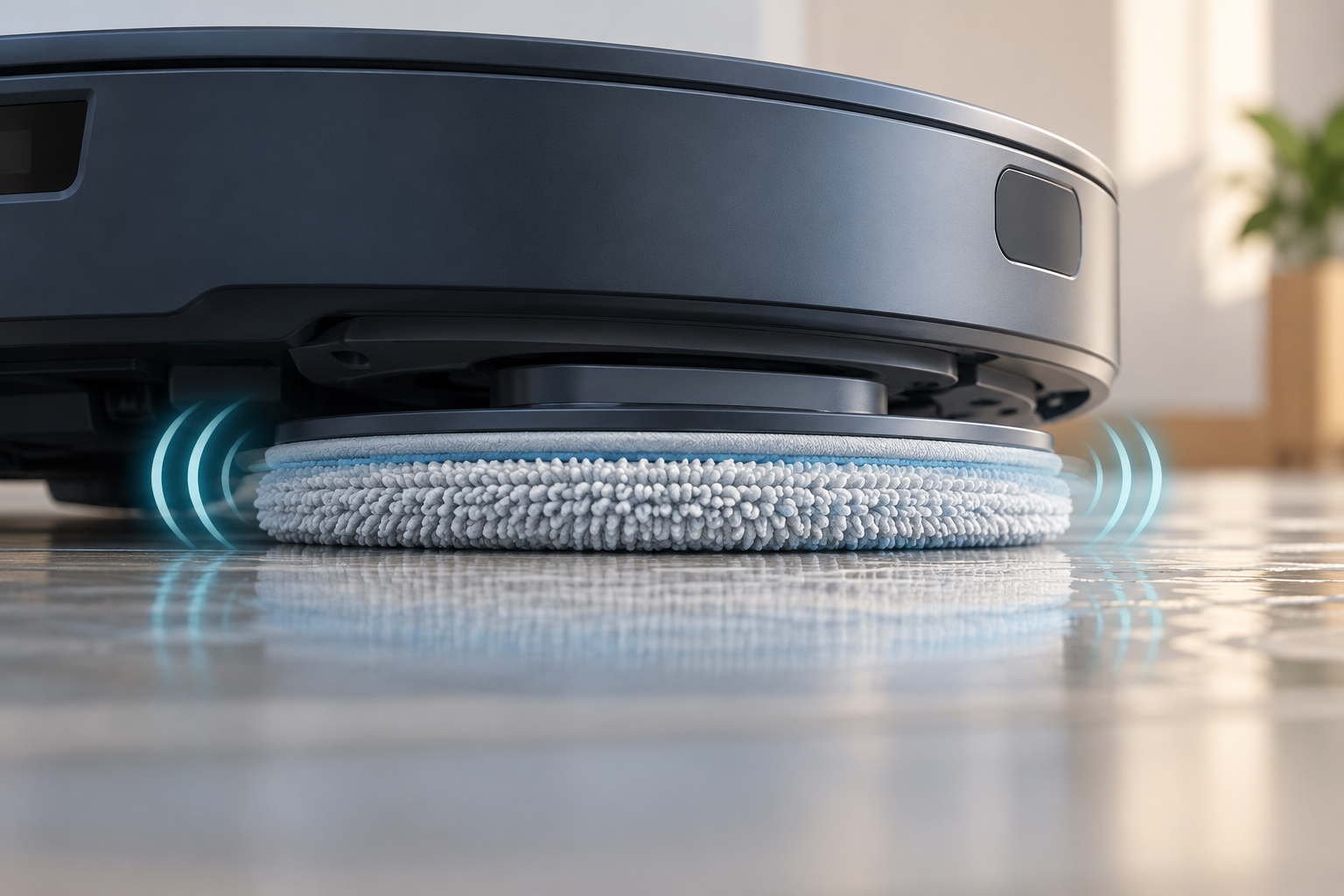 Conceptual close-up of a generic robot&rsquo;s mop pad contacting a hard floor, with curved lines indicating vibration.