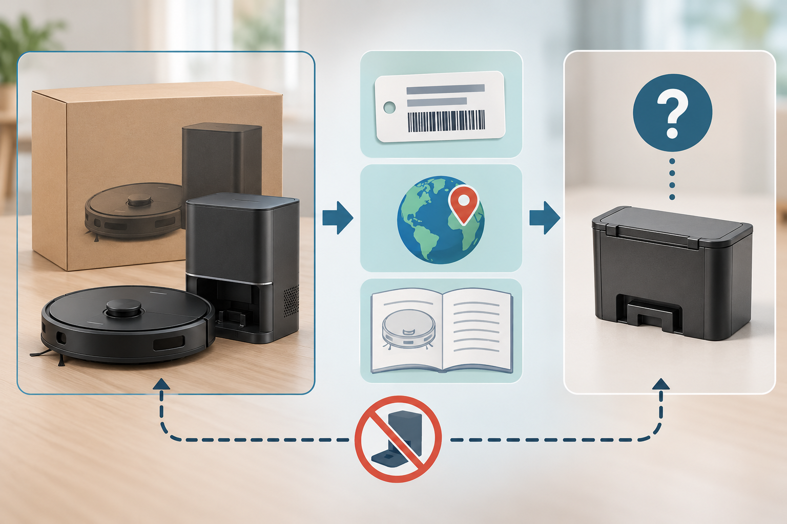 One product package shows a generic robot and auto-empty dock; model, region, and manual checks lead to checking a separate replacement listing.