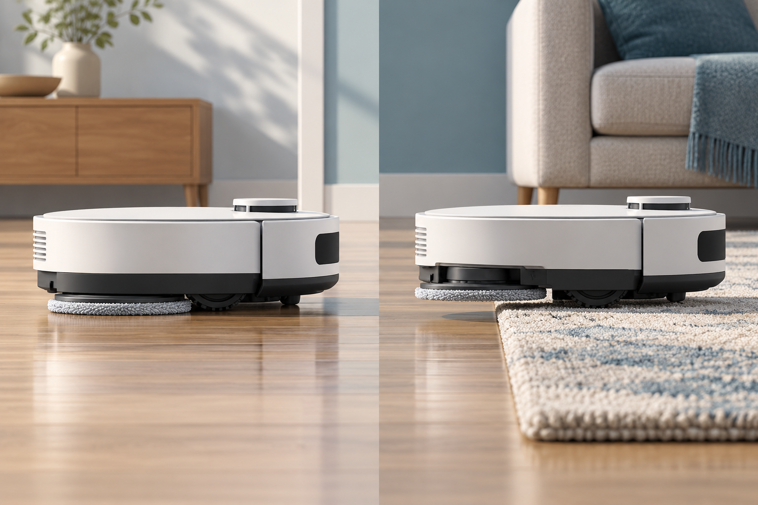 A generic robot vacuum with its mop lowered on hard floor, then raised as it reaches a rug.