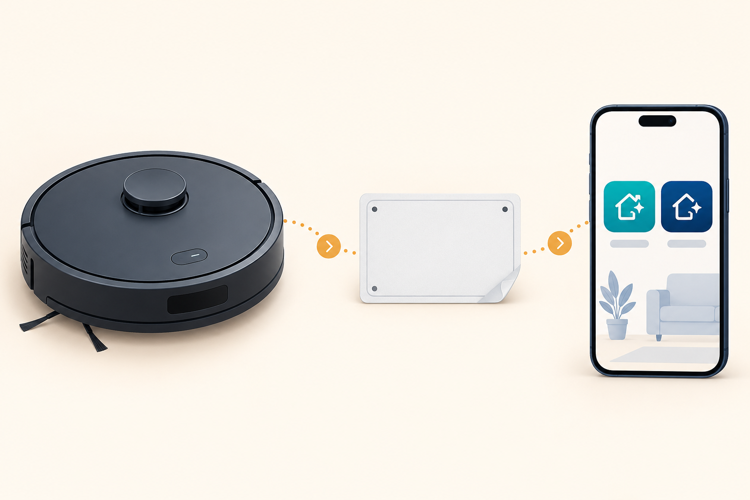 A generic robot, physical label card, and two generic app icons form three separate clues for identifying a Roomba and its setup path.